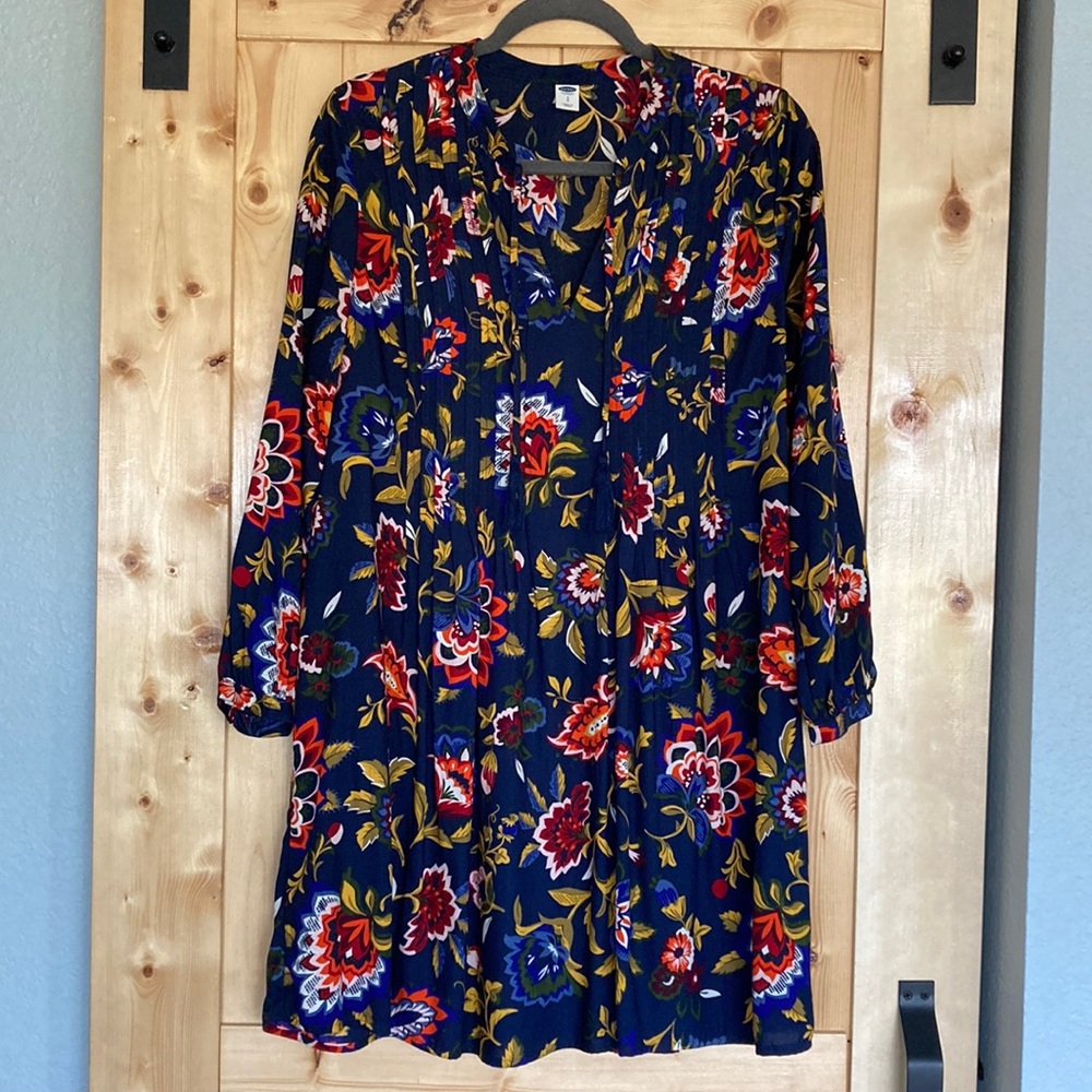 Old Navy Dress Sheath Blue Floral Long Sleeve EUC Small S Pleated Front babydoll